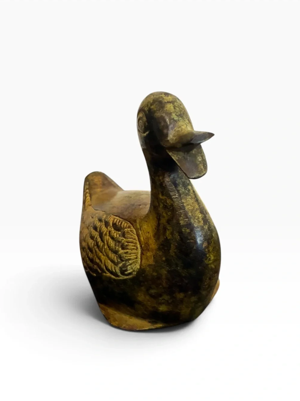 Vintage Bronze Duck Figurine Etched Wing Detail Aged Patina Paperweight Decor